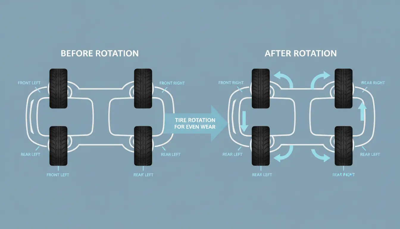 Diagram showing tire positions before and after rotation for even wear; ideal for mechanic or repair shop reference.