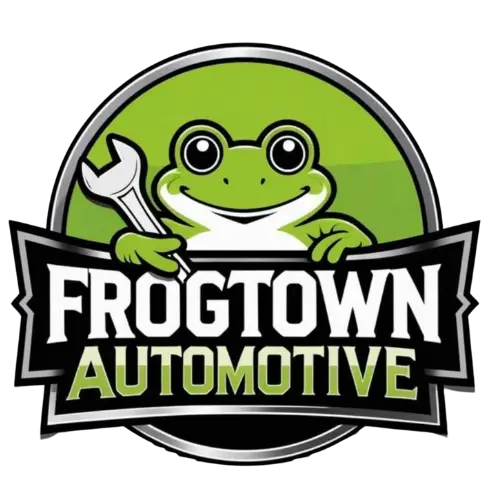 Green frog holding a wrench on a black background with 'FROGTOWN AUTOMOTIVE' text which is the logo for frogtown automotive
