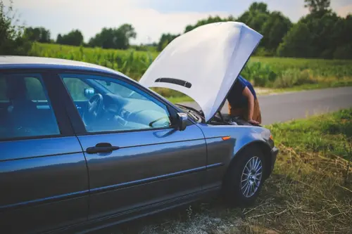 A mechanic inspects a car's engine by the roadside, parked near grass and trees with the hood up.