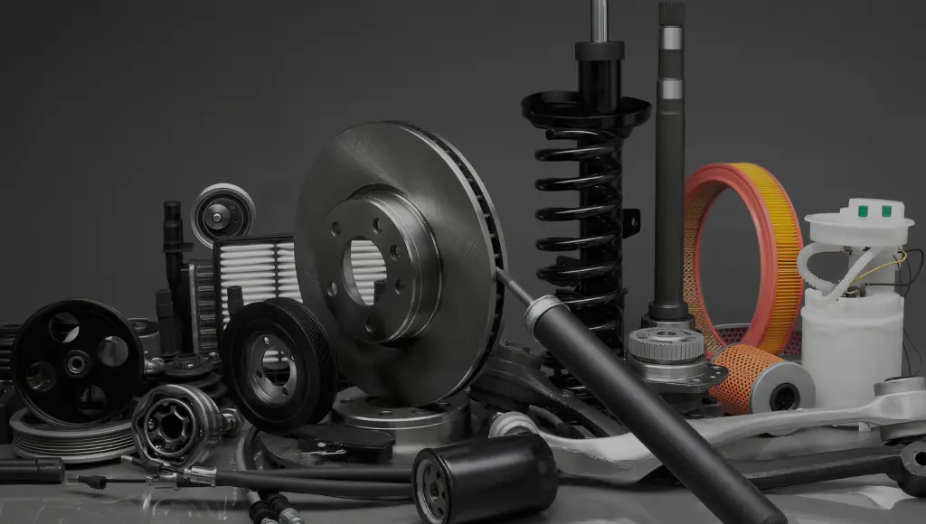 Various automotive parts, including a brake disc, shock absorber, filters, and pulleys, arranged on a surface.